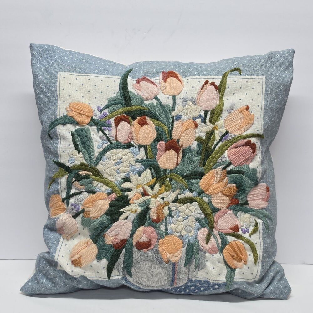Vintage 70s Crewel Embroidery Colorful Tulips Decorative Pillow 13” x 13” Boho